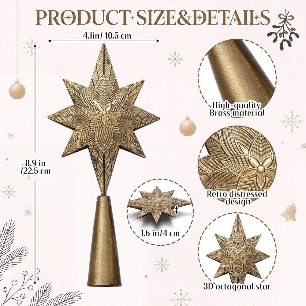 Brass Star Christmas Tree Topper 9x4 Gold Bethlehem Star Vintage Rustic Decor - Picture 3 of 6